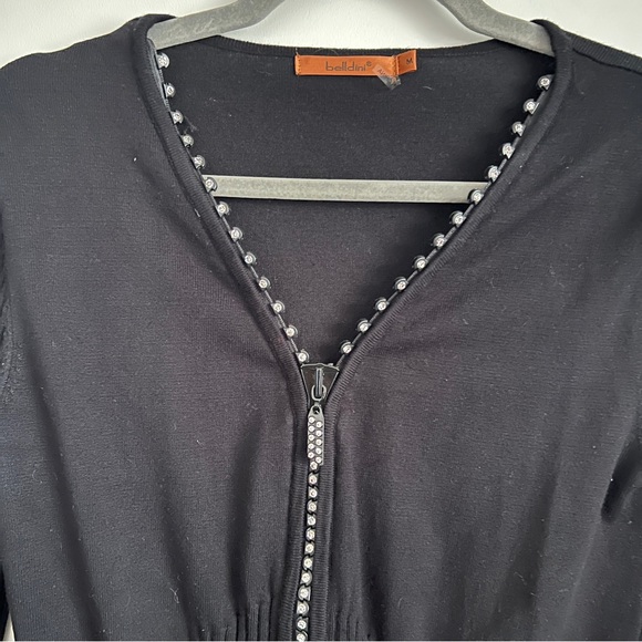Bellini Y2K Black Ribbed Zip Front Cardigan Sweater Rhinestone Trim Size M - Picture 5 of 8